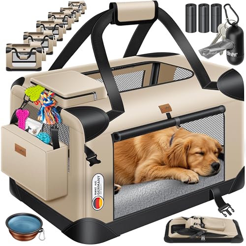 Lovpet® Transporte para cães, dobrável, inclui tigela para alimentos, tamanho XL 81,3 x 58,4 x 58,4 cm, caixa de transporte para animais de estimação, cães e gatos, bege