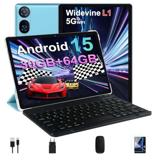 DMOAO Tablet de 10 polegadas Android 15 com Gemini AI, 30 GB RAM + 64 GB ROM (expansão de 2 TB), 5G WiFi, GPS, Widevine L1, Octa-Core, BT 5.0, 6000 mAh, USB-C, FHD Tablet com Teclado+ Rato + capa