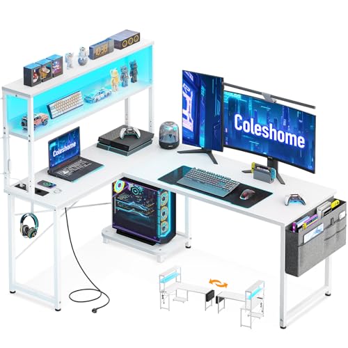 Coleshome Secretária Gaming em L com LED e tomadas, 135 × 100 cm, secretária Gamer reversível com prateleiras, secretária de canto com saco de armazenamento e gancho para jogadores, branco