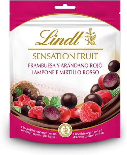 Lindt Sensation Fruit - Bolinhas de chocolate preto com framboesas e mirtilo vermelho, bolinhas de chocolate com interior de fruta, 150 g