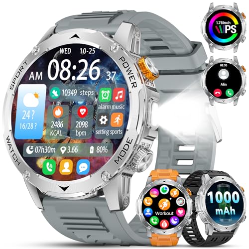 2025 Relógio Inteligente Homem 1000 mAh Bateria/1,75'' HD Grande Tela, Smartwatch Homem com Lanterna/130 modos de desporto/IP68 impermeável, frequência cardíaca/monitor de sono, 3 correias