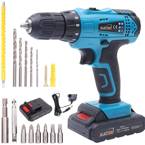KATSU Broca sem fios de 18 V com kit de acessórios eixo flexível broca de dupla extremidade 5 brocas 6 pontas de chave de fenda com 1 extensão 2 baterias 1,5 Ah + carregador