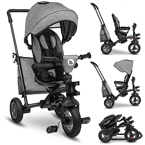 LIONELO Tris bicicleta 2 em 1 criança até 25 kg 12-60 m triângulo e carrinho de bicicleta cintos de 3 pontos com capas regulação gradual do encosto de 3 níveis cinzento-escuro … (cinzento)