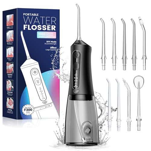 JTF Irrigador dental sem fio, limpeza dental elétrico, portátil, 5 modos e 9 bicos, USB-C recarregável, IPX7, impermeável, vencedor do teste para limpeza em viagens (preto)
