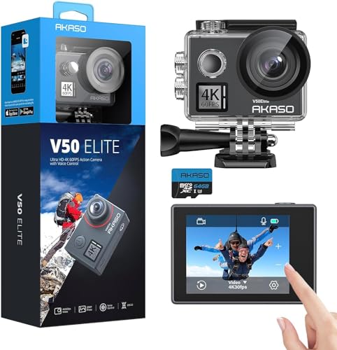 AKASO V50 Elite Câmara desportiva com cartão de memória MicroSDXC de 64 GB câmara de ação WiFi 4K 60 fps 20 MP com EIS ecrã tátil controlo de voz 8X Zoom câmara aquática submergível 40 m 2 baterias