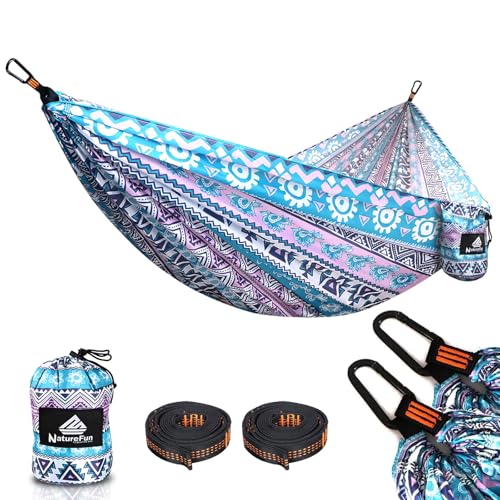 NATUREFUN Rede ultraleve para Camping| 300 kg de capacidade de carga, estilo paraquedas, de Nylon, respirável e de secagem rápida 2 mosquetões premium, 2 lingas de nylon incluídas.