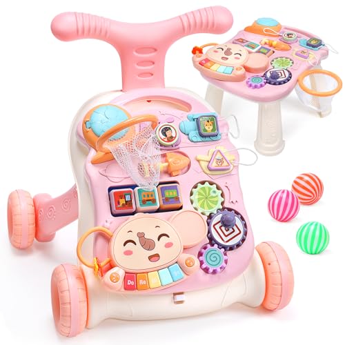 CUTE STONE Andador de bebé para meninas, 2 em 1, andarilho de aprendizagem e centro de atividades, aprender a caminhar, brinquedos para caminhar com pressão precoce para bebés pequenos