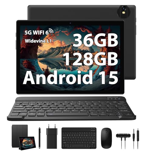 RUSHAR Tablet Android 15 com teclado - 36 GB RAM+ 128 GB ROM (1TB TF), Tablet de 10 polegadas, Octa-Core / 8000 mAh / 8 MP + 5 MP / Widevine L1 / WiFi 6 / BT 5.0 / WPS/FM/P/FM/P. ort Jack 3. 5 mm