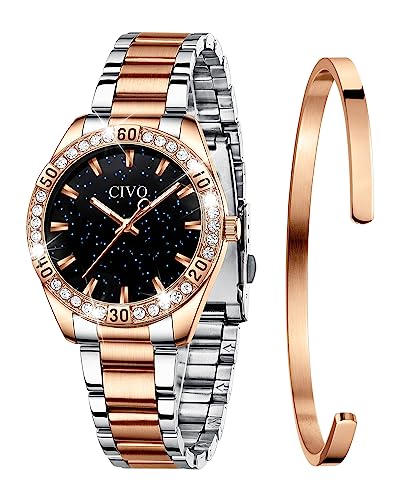 CIVO Relógios femininos analógico impermeável couro luxo relógio mulher minimalista elegante ultra minimalistas pulseira moda vestir negócio casual relógio, A-1 【Conjunto】 rosa, Clássico