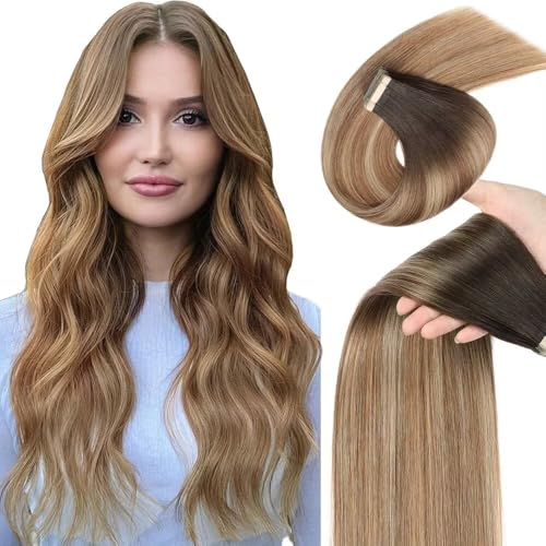 YDDM Extensões adesivas cabelo natural 20 peças 45 cm 40 g castanho a castanho claro com louro claro extensões de cabelo natural autocolantes extensões de cabelo natural