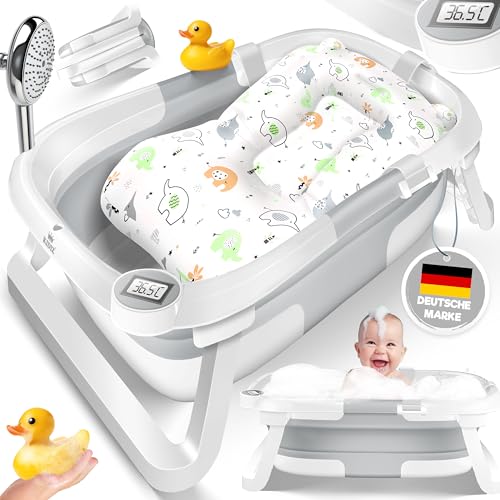 KIDIZ® Banheira para bebé, economiza espaço e dobrável, para recém-nascidos, crianças pequenas de 0 a 24 meses, chuveiro de viagem portátil para bebés, com termostato e almofada