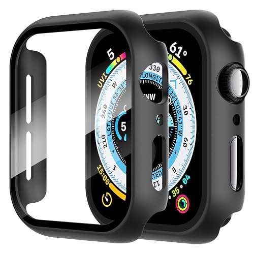 Diruite 2 Capa para Apple Watch SE 3/2/1 /Series 6 5 4 44 mm, protetor de ecrã em vidro temperado incorporado, HD proteção completa PC rígida estojo Case, preto, 44 mm