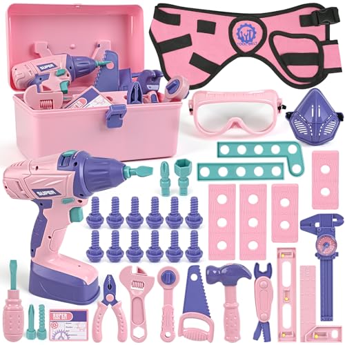 Vanplay Brinquedos crianças 3 4 anos ferramentas brinquedo com broca elétrica brinquedo presente para meninas 3 4 5 6 anos (52 peças)