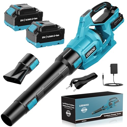 Soprador de folhas LEEIKOO, soprador bateria 21 V com 2 baterias de 4,0 Ah, 3 configurações de velocidade, 2 tubos de sopro, alça de ombro para soprar folhas, neve, pó e resíduos