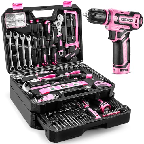 DEKO Caixa ferramentas completas elétricas 238 peças rosa com broca elétrica de 12 V sem corda, 10 mm de chuck sem chave, caixa profissional de ferramentas domésticas de bricolage para escritórios e