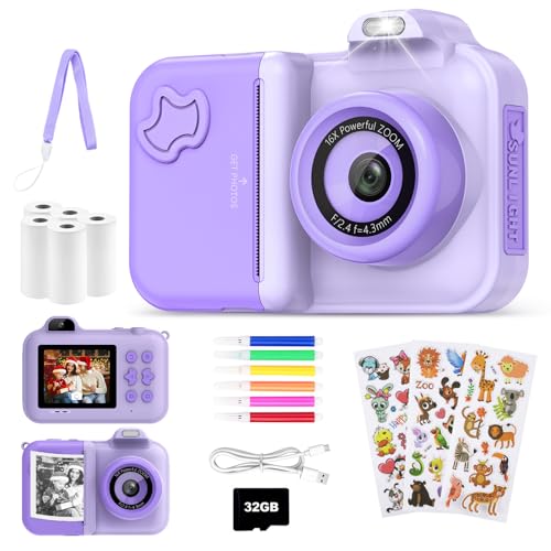 JoJoego Câmara fotos instantâneas crianças, 2,4'' câmara fotos infantis, 24 MP selfie crianças, 1080P HD câmara dupla, cartão 32 GB, 5 rolos papel de impressão, presente para crianças dos 3-12 anos
