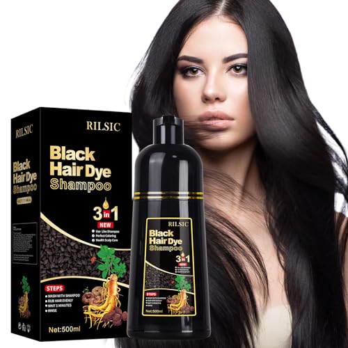 RILSIC Hair Dye Shampoo 3 em 1 cobertura canas, 500 ml Black Hair Dye Shampoo 3 em 1, Hair Cor, champô cor tinta cabelo barba Champu canudos instantâneos, cobertura de cabelos em minutos para homens