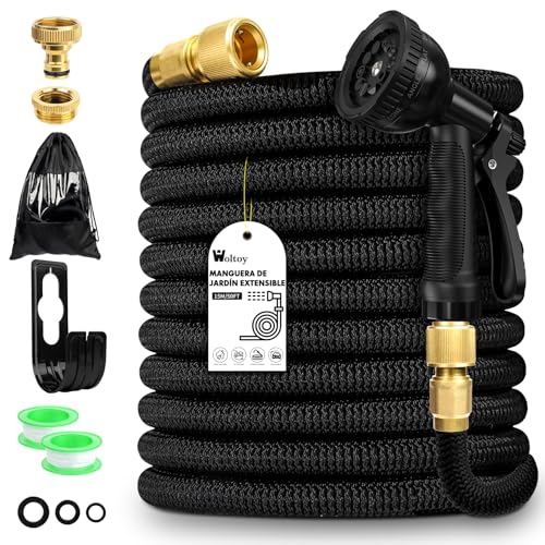Mangueira retrátil de 15 m, 50 pés, 10 modos de pulverização, alcance de 3 a 15 m, pistola de mangueira de jardim leve e à prova de fugas, mangueiras de jardinagem flexíveis para jardim, lavagem com