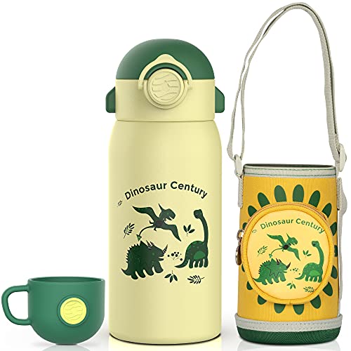 Fjbottle Garrafa de água infantil de 600 ml, em aço inoxidável, sem fugas, sem bpa garrafa térmica com palha, reutilizável para escola