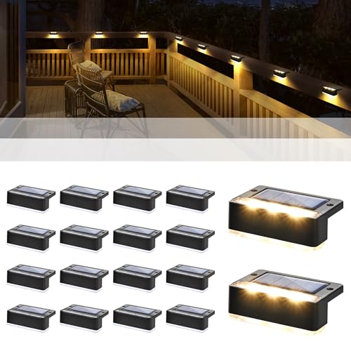 Solpex Candeeiros solares para exterior, 16 peças, luz branca da escada, luzes solares impermeáveis, iluminação LED para escadas exteriores, degraus, cerca, jardim, pátio, decoração (preto)
