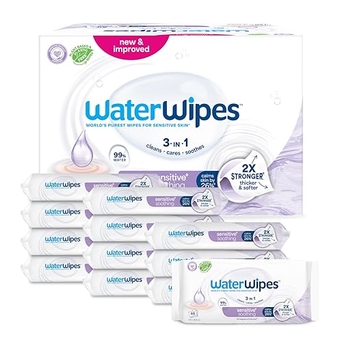 WaterWipes Sensitive Soothing Clean Wipes, 720 unidades (embalagem de 12), 3 em 1 limpa, cuidado, calma, 99% de água com extrato botânico, toalhetes sem perfume para bebés