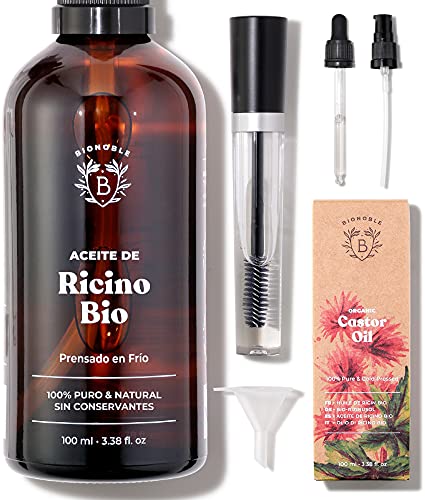 BIONOBLE, Óleo de rícino bio 100% orgânico, inclui rímel, óleo de rícino para pestanas, sobrancelhas, barba, óleo de castor para o cabelo, óleo de rícino puro para o cabelo, castor oil