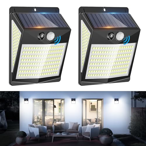 Luz solar LED exterior, 2 focos solares LED de exterior com sensor de movimento, 238 LED 3 modos, lâmpada solar impermeável para jardim, pátio, garagem, parede (branco frio)