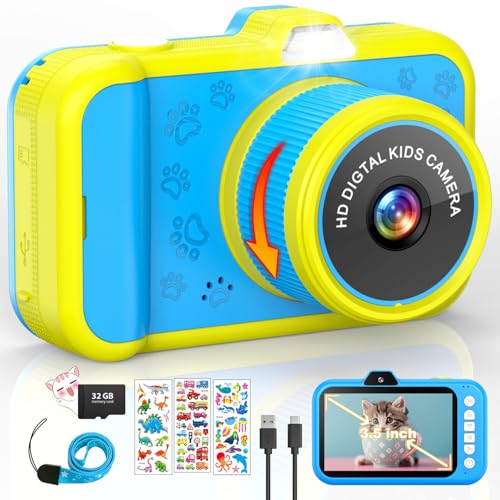 Câmara com fotos infantis, tela grande de 3,5", zoom giratório de 360°, 1080P HD câmara digital fotos crianças Selfie com flash, cartão de 32G, presente para meninas meninos 3 4 5 6 7 8 9 10 11 12