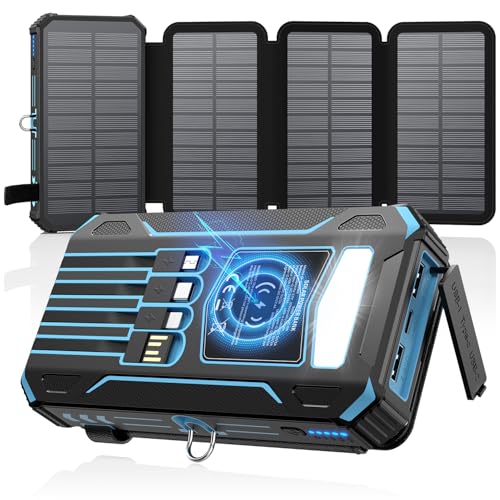 SOARAISE -Solar-Power-Bank-27000 mAh-Carregador-Solar – sem fios com 4 cabos e 4 painéis solares, USB carregamento rápido carregador portátil 5 saídas 2 entradas para tablets Smartphones (azul)