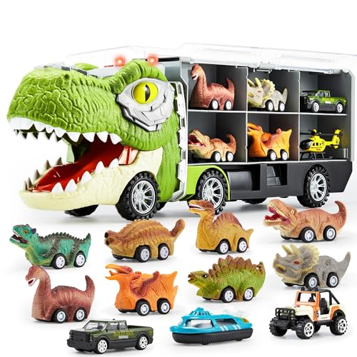 JOYIN 13 peças transportador de carros dinossauros para crianças, com 12 veículos dinossauros retráteis, 1 camião transporte dinossauros brinquedo com música, som, luzes, 1 helicóptero