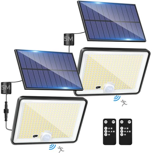 LOTMOS 2 pacotes luz solar exterior jardim, 342 LED/comando à distância holofotes LED exteriores solares sensor de movimento, IP65 candeeiro solar impermeável, 3 modos luzes solares LED exterior