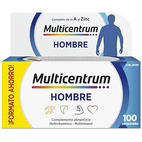 Multicentrum Complemento alimentar masculino multivitamínico e multimineral para homens, com vitamina C e D, sem glúten, 100 comprimidos