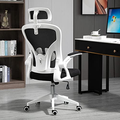 Ahua Cadeira de escritório ergonómica de malha, suporte lombar com braços rebatível e ajustável fácil de guardar, encosto de malha respirável confortável almofada rodas silenciosas para