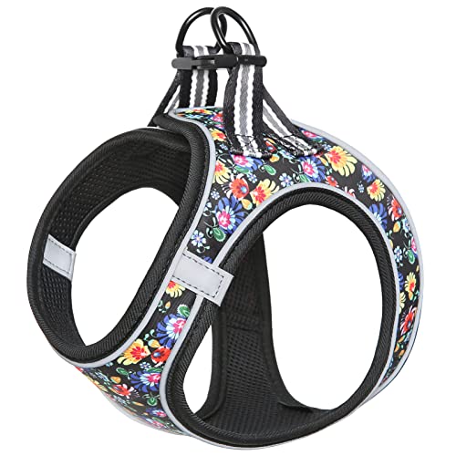 HEELE Arnês cão arnês colete cães Vest Air Mesh arnês para cão arnês cão com bonito estampado arnês para cão pequeno malha respirável suave confortável refletor, floral preto, S