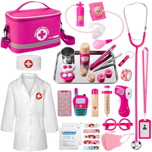 EFO SHM Mala médica infantil de madeira com estetoscópio real, roupão, bolsa médica, termómetro e seringa, brinquedo educativo para crianças de 3+ anos