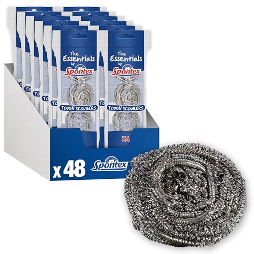 Espalhos metálicos resistentes The Essentials de Spontex | Estropajos de aço inoxidável | Resistentes para lavar, remover a gordura e esfregar a louça facilmente | Embalagem de 12 x 4 (48 no total)