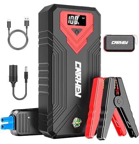 CARHEV Iniciador de baterias de carro, 3000 A 24000 mAh (para todos os veículos 8 L de gasolina ou 8 L de gasolina), 12 V Booster com carregamento rápido USB e ecrã LCD