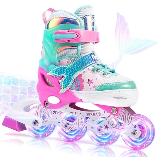NEMONE Pequena sereia patins em linha meninas ajustável patins 4 rodas para criança, luz completa até LED rodas patins online presente