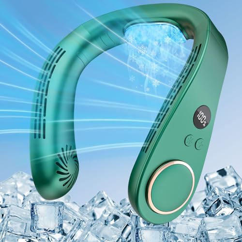 Kouric Ventoinha para pescoço ar condicionado, ventilador portátil pescoço ecrã LED, Neck Fan USB recarregável 5 velocidades, ventiladores colar para criança/mulher/homem-verde