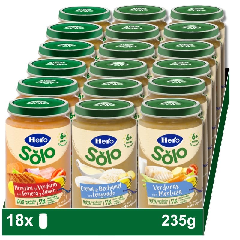 Hero Baby Caixa mista bolos de carne e peixe, legumes com merluza, Bechamel com linguado e mesa com vitela e presunto, sem óleo de palma, 100% natural, a partir dos 6 meses, pack de 18 x 235 g