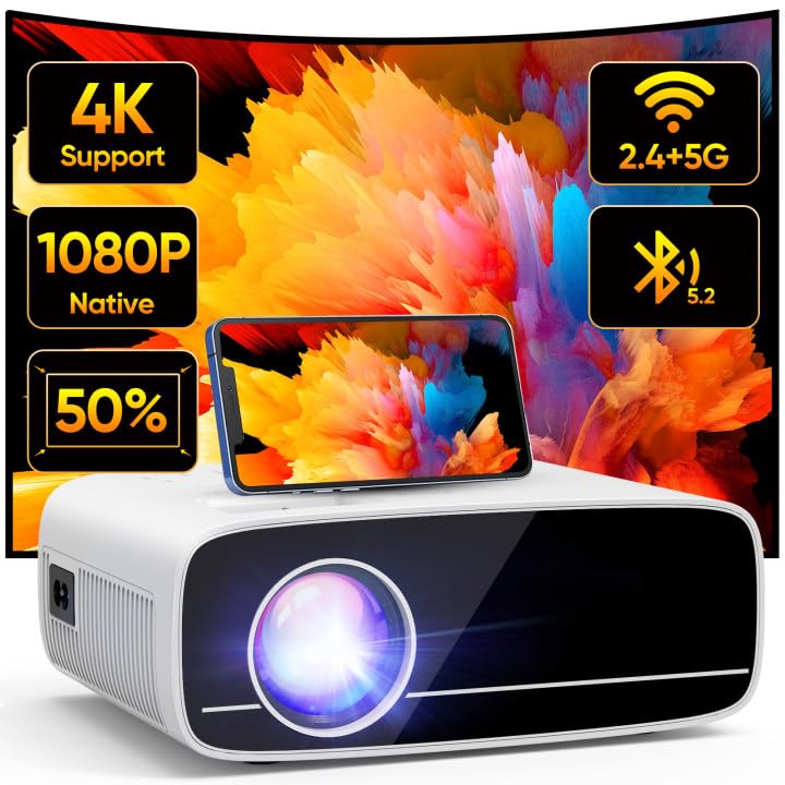 Mini projetor 4K compatível, AKATUO 15000L nativo 1080P 5G WiFi Bluetooth projetor portátil com 50 % de zoom, projetor de vídeo para cinema em casa compatível com Smartphone/HDMI/USB/Laptop/Fire TV