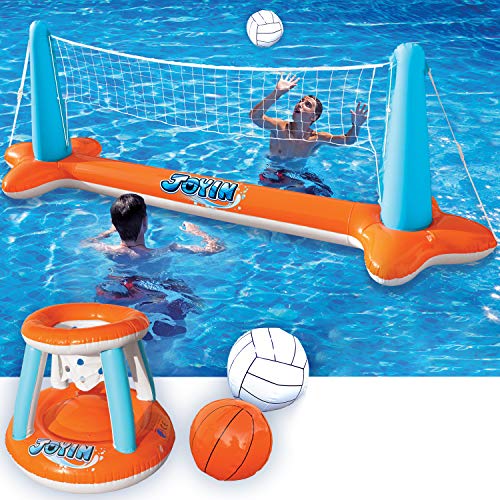 JOYIN Brinquedo flutuante para piscina, rede insuflável de voleibol e aros de basquetebol para crianças e adultos, bolas incluídas, conjunto de flutuador de piscina, flutuadores de verão, laranja