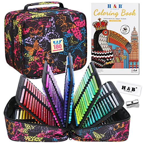 H & B Conjunto de 180 lápis de cor à base de óleo, lápis de cores profissionais com livro de colorir para iniciantes, adultos e artistas