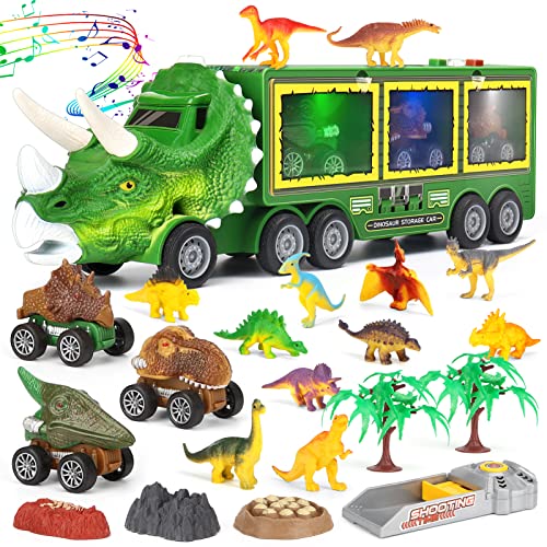 Aoskie Camião transportador de dinossauro com luz e som, 3 brinquedos de carros, 12 mini dinossauro para crianças 3+ anos