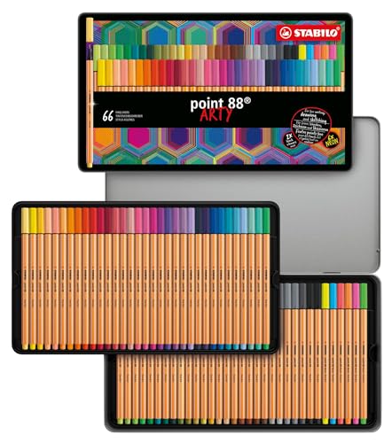 Marcador de ponta fina STABILO point 88, estojo de metal ARTY com 66 cores