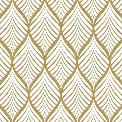 AMIGO Papel de parede em vinil autocolante com riscas douradas e brancas de boémia para quartos e armários 44,5 x 500 cm
