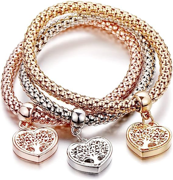EHIOG 3 peças pulseiras de árvore da vida, pulseira de corrente de milho dourado/prata / ouro rosa para mulher, fabricado em aço inoxidável, é um excelente presente para mães e professores., Aço