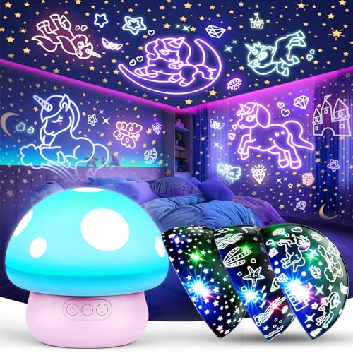 Unicórnio projetor estrelas infantis, unicórnio luz noturna infantil candeeiro cogumelo projetor bebé presentes crianças 2 3 4 5 6 7 8 anos brinquedos meninas 3-9 anos presentes de aniversário
