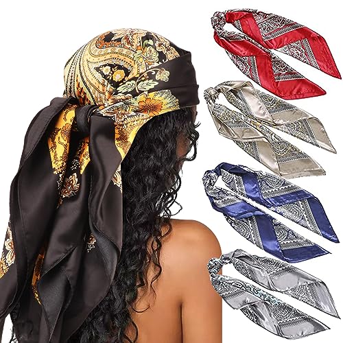 DRESHOW 4 Pack Pañuelos Satén Cuadrados Grandes Pelo Accesorios Seda de Playa Estampado Clásico para Mujer