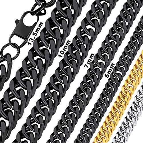 Bandmax Colares correntes quadradas elos cubanos aço inoxidável cor prateada ouro preto, 5/7/10/13,5 mm de espessura, 46 cm - 76 cm de comprimento (com caixa de presente)